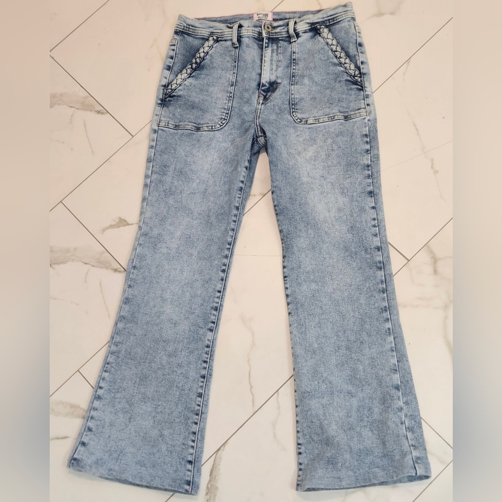 Kensie Savannah Light Blue High Rise Flare Jeans Braided Pocket Trim Size 10